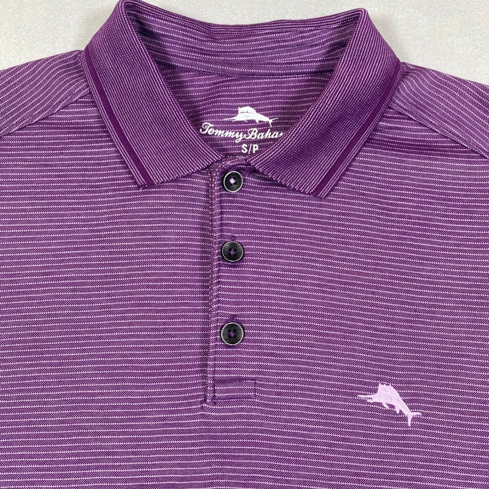 Tommy Bahama Purple Striped Golf Polo Shirt Supima Cotton Marlin Logo Mens Small